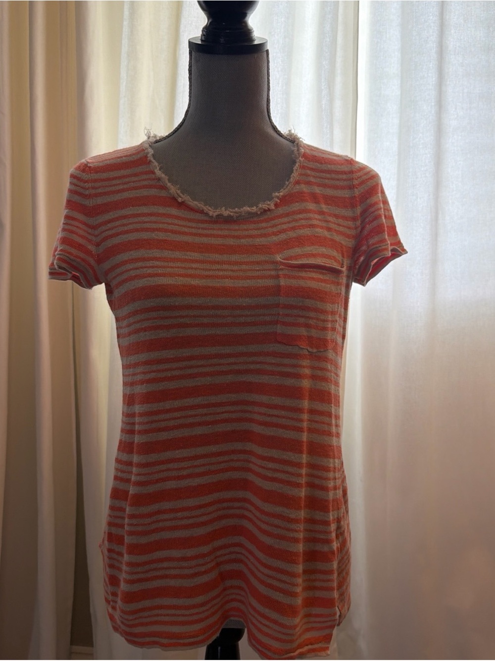 Striped Short-Sleeve Pocket Tee - Coral and Beige Size S Threads 100% linen